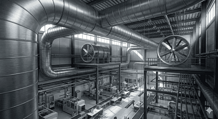 Endüstriyel tesislerde kullanılan kanal tipi havalandırma sistemi ve hava tahliye altyapısı